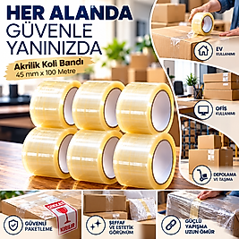 Akrilik Yüksek Kalite Koli Bandı 45mm X 100 Metre Şeffaf (6'lı Paket)